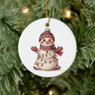 Ornamento De Cerâmica Boneco de Neve de Natal Xadrez Chapéu Cachecol Luz