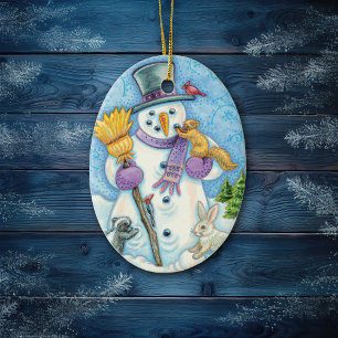 Ornamento De Cerâmica Boneco de neve e Natal retro dos amigos