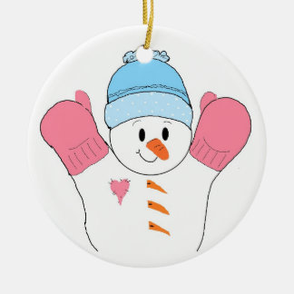Ornamento De Cerâmica Boneco de Neve Feliz com Luvas Rosa