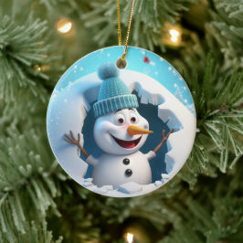 Ornamento De Cerâmica Boneco de neve feliz desfrutando o inverno.