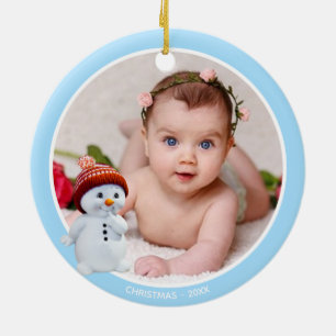 Ornamento De Cerâmica Boneco de Neve Fofo & Foto Personalizada em Azul C
