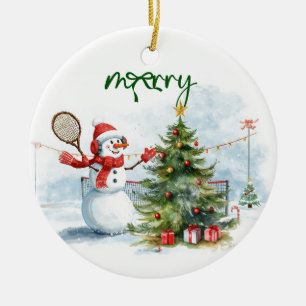 Ornamento De Cerâmica Boneco de neve joga tênis Natal aquarela