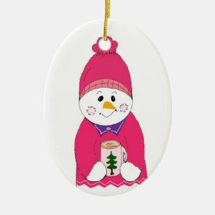 Ornamento De Cerâmica Boneco de Neve Menina com Touca Rosa