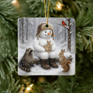 Ornamento De Cerâmica Boneco de Neve no Bosque de Inverno com Amigos Ani