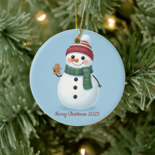 Ornamento De Cerâmica Boneco de Neve Sorridente com Touca de Natal Fofo