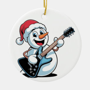 Ornamento De Cerâmica Boneco de Neve Tocando Guitarra Elétrica Natal Pap