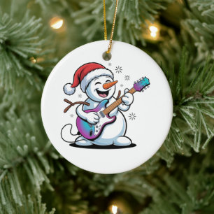 Ornamento De Cerâmica Boneco de Neve Tocando Guitarra Elétrica Rock Nata