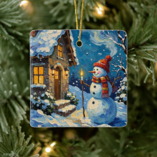 Ornamento De Cerâmica Boneco de Neve Vintage pela Cottage de Natal Ilumi