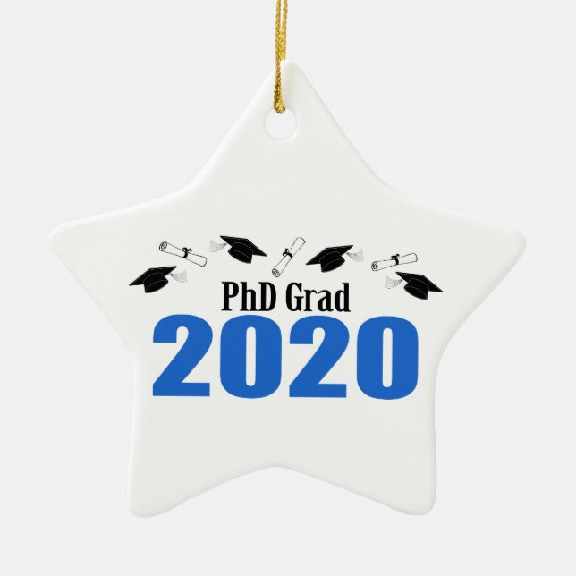 Ornamento De Cerâmica Bonés E Diplomas Do PhD 2020 (Azul) (Frente)