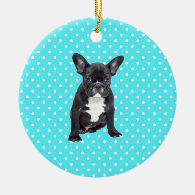 Ornamento De Cerâmica Bonita Bolinhas Azuis De Cãezinho Francês (Frente)