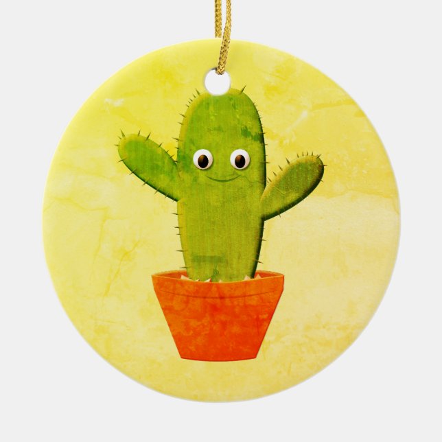 Ornamento De Cerâmica Bonita Cartoon Cactus Painting Natal (Frente)