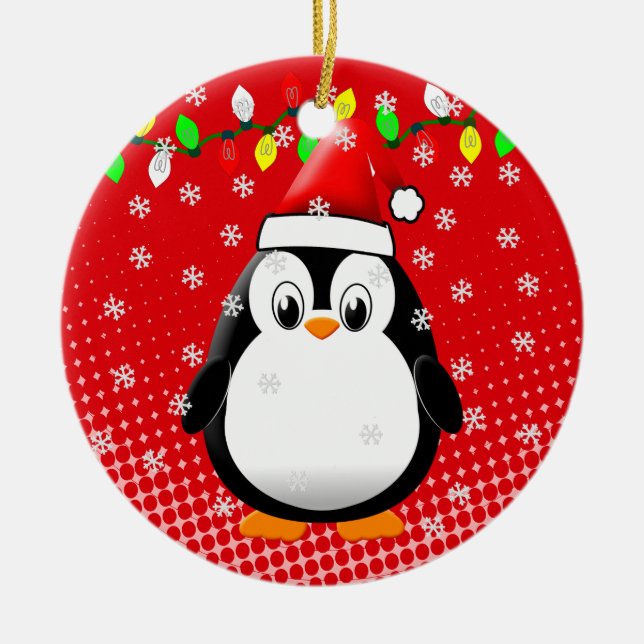 Ornamento De Cerâmica Bonita Cartoon Penguin Santa Hat Luzes de Natal (Frente)