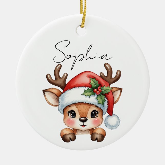 Ornamento De Cerâmica Bonita Coquette Floral Christmas Reindeer (Frente)