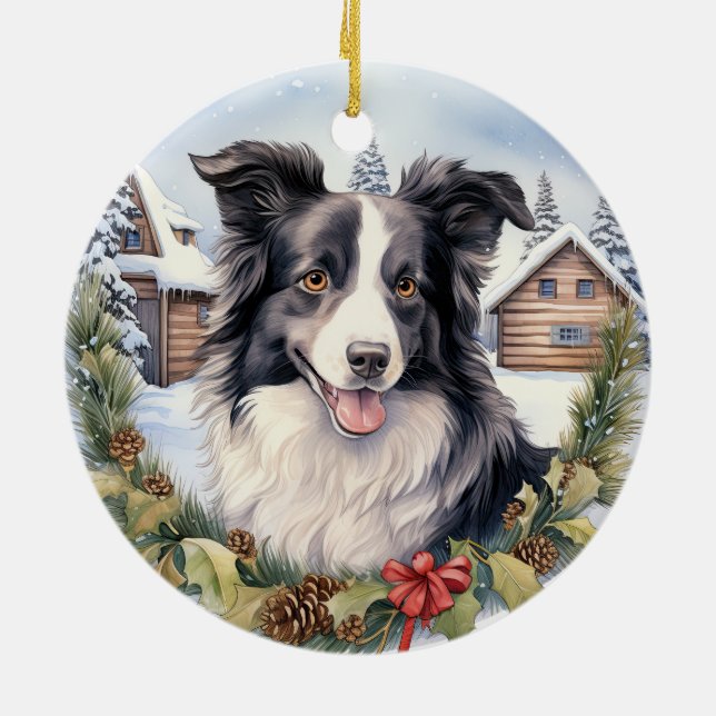 Ornamento De Cerâmica Bonita Fronteira de Natal de inverno Collie (Traseira)