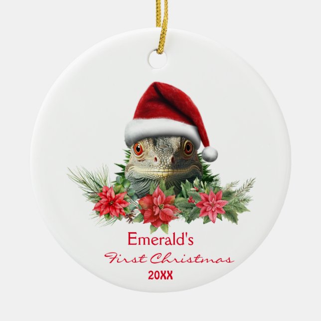 Ornamento De Cerâmica Bonita Iguana no Natal de Santa Hat Personalizada (Frente)