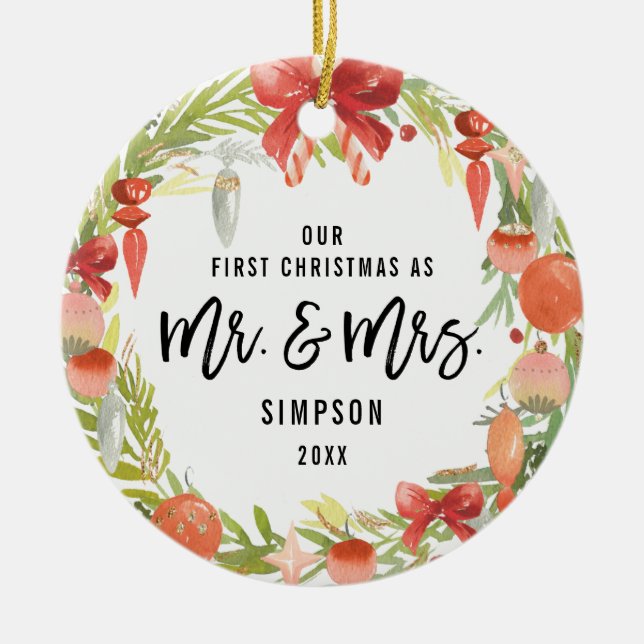 Ornamento De Cerâmica Bonita Terra do Primeiro Natal Como Sr. e Sra. Fot (Frente)