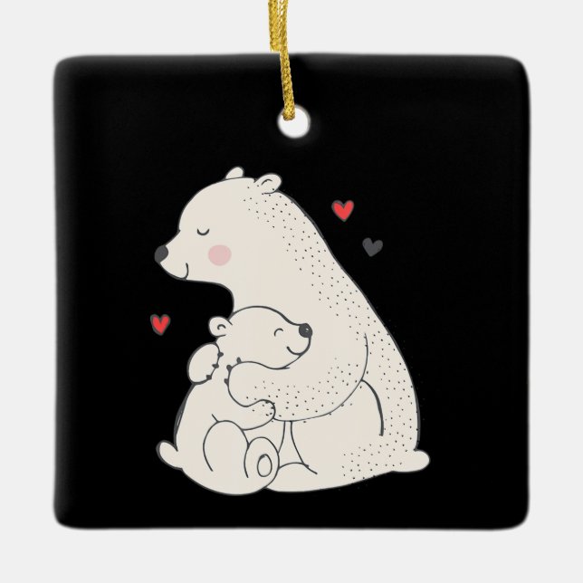 Ornamento De Cerâmica Bonita Ursa Polar Mama Com Bebê (Frente)