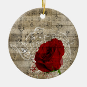 Ornamento De Cerâmica Bonitas notas de música de rosa vermelha rodopia 