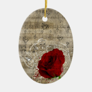 Ornamento De Cerâmica Bonitas notas de música de rosa vermelha rodopia 