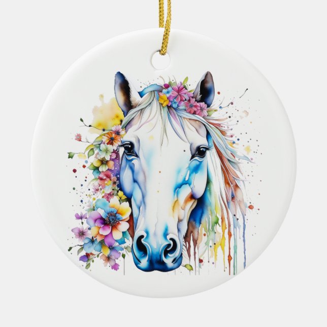 Ornamento De Cerâmica Bonito Cavalo Branco Floral Personalizado (Frente)