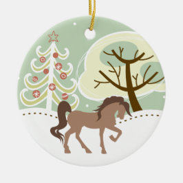Ornamento De Cerâmica Bonito Cavalo Castanho Personalizado Snowy Winter