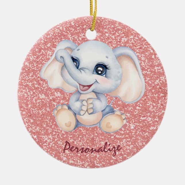 Ornamento De Cerâmica Bonito Elefante-Bebê Cor-de-Rosa Personaliza (Frente)