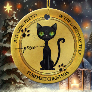 Ornamento De Cerâmica Bonito Gatinho negro engraçado Dourado Natal