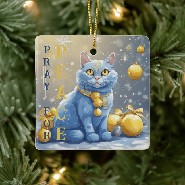 Ornamento De Cerâmica Bonito Gato Amarelo com Olhos Azuis - ucrânia (Árvore)