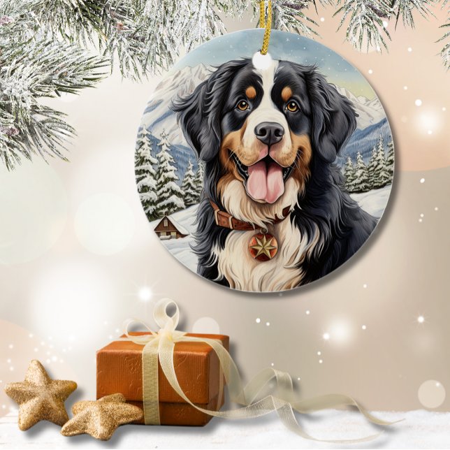 Ornamento De Cerâmica Bonito inverno Natal Bernese Montanha (Cute Winter Christmas Bernese Mountain Ceramic Ornament)