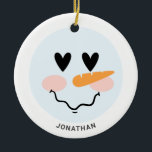 Ornamento De Cerâmica Bonito inverno Personalizado Snowman Face Natal<br><div class="desc">Bonito Winter Personalizado Snowman Enfrenta O Ornamento Cerâmico De Natal. Design tem boné e nariz de cenoura,  boneco de neve e olhos cardíacos. Excelente presente de Natal para a família e os amigos.</div>