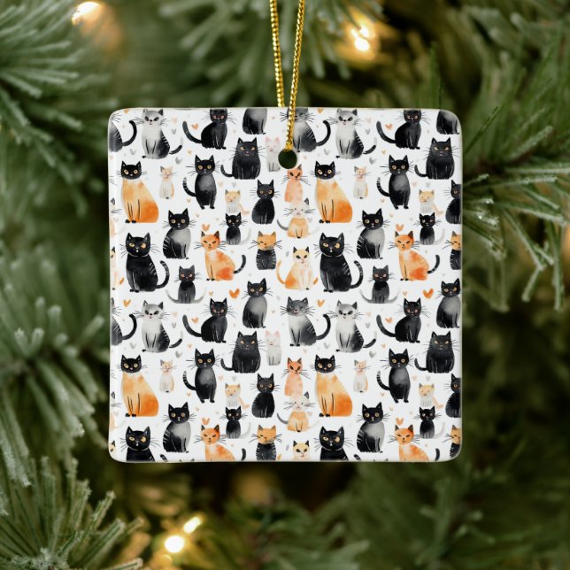 Ornamento De Cerâmica Bonito Laranja Branco Gatos Pretos Brancos Natal (Árvore)