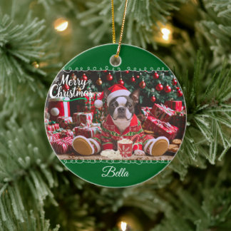 Ornamento De Cerâmica Bonito Natal Boston Terrier Pajamas personalizado