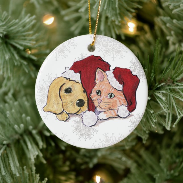 Ornamento De Cerâmica Bonito Natal Labrador Puppy e Orange Tabby (Árvore)