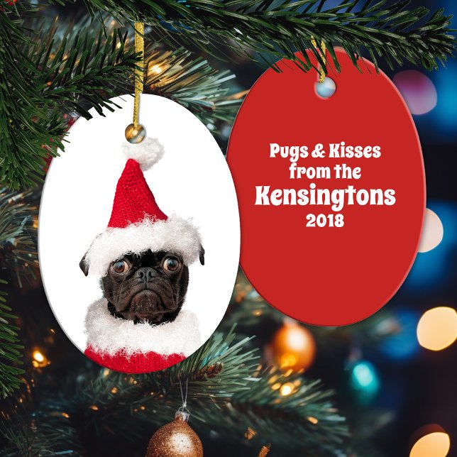 Ornamento De Cerâmica Bonito Natal Preto Pug Santa Hat (Cute Christmas Black Pug Santa Hat Ceramic Ornament)