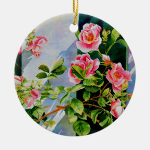 Ornamento De Cerâmica Bonito rosa, rosas vermelhas, flor aquarela