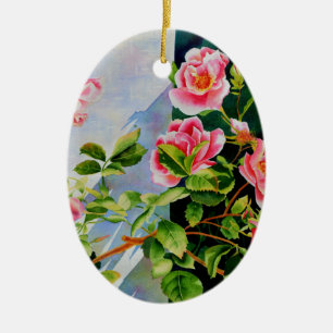 Ornamento De Cerâmica Bonito rosa, rosas vermelhas, flor aquarela