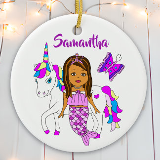 Ornamento De Cerâmica Bonito Sereia e Unicórnio Natal Personalizado