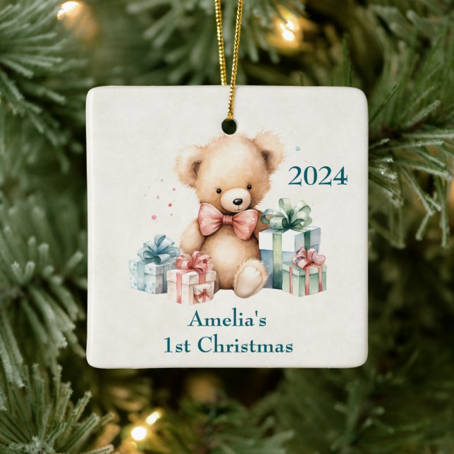Ornamento De Cerâmica Bonito Urso de Teddy Primeiro Natal (Árvore)