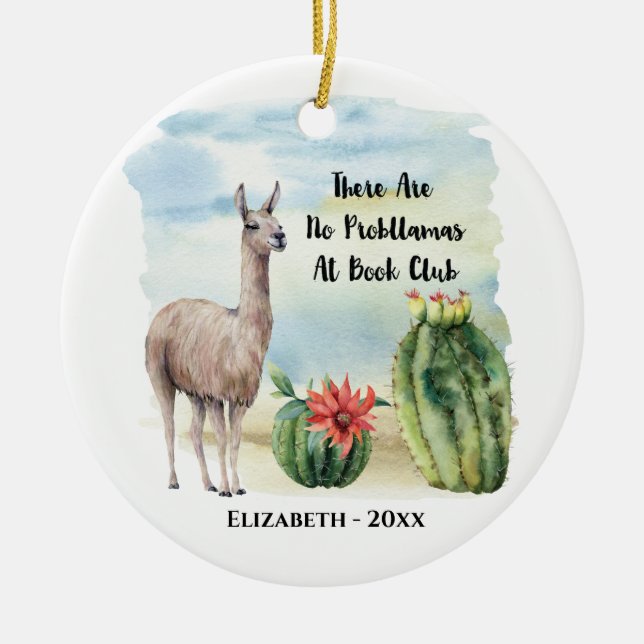 Ornamento De Cerâmica Book Club Member Funny Llama Monograma (Frente)