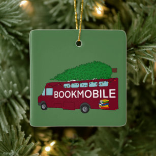 Ornamento De Cerâmica Bookmobile com árvore de Natal no topo