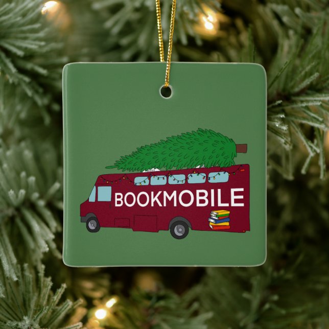Ornamento De Cerâmica Bookmobile com árvore de Natal no topo (Árvore)