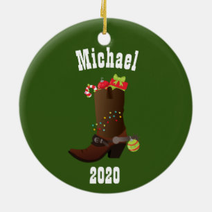 Ornamento De Cerâmica Boot Personalizado do Cowboy Ocidental de Natal