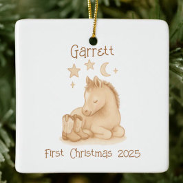 Ornamento De Cerâmica Boots & Foal do Primeiro Vaqueiro de Natal