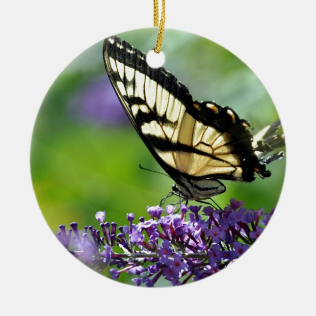 Ornamento De Cerâmica Borboleta amarela e preta na Lavanda (Frente)