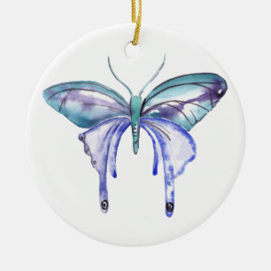 Ornamento De Cerâmica borboleta azul aqua roxa aquarela