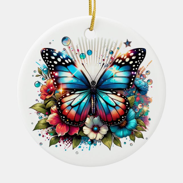 Ornamento De Cerâmica Borboleta Azul e Flores Personalizadas no Natal (Frente)