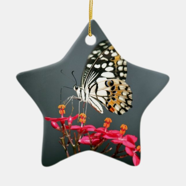 Ornamento De Cerâmica Borboleta branca preta e amarela em flores rosa (Frente)