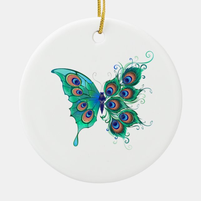 Ornamento De Cerâmica Borboleta com Penas de Pavão Verde (Frente)