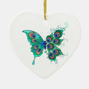 Ornamento De Cerâmica Borboleta com Penas de Pavão Verde