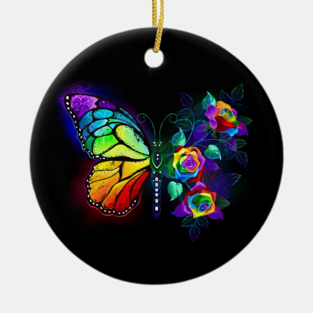 Ornamento De Cerâmica Borboleta-flor-arco-íris (Frente)